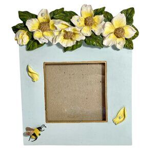 Vintage Bumble Bee Magnolia Flower Picture Photo Frame Ceramic Wood 4X4" Blue